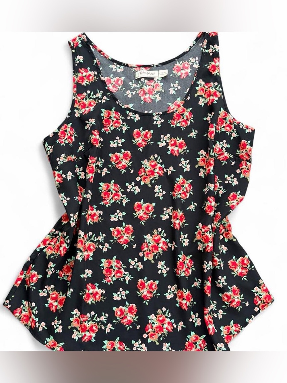 Faded Glory Black Floral Cold-Shoulder Tank with Red Rose Print